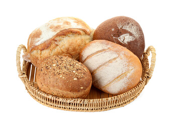 Wicker basket with different types of fresh bread isolated on white - obrazy, fototapety, plakaty