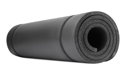 Grey fitness mat isolated on white. Sports equipment