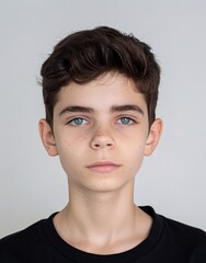 ID Photo for Passport : European teenager boy with straight short black hair and blue eyes, without glasses and wearing a black t-shirt