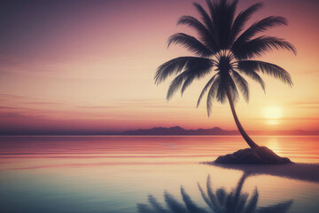 Sunset over the palm trees on an exotic beach, with a colorful sky and reflections in the water.