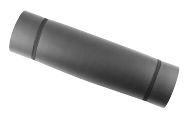 Grey fitness mat isolated on white, top view. Sports equipment