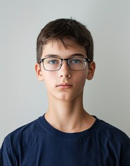 ID Photo for Passport : European teenager boy with straight short black hair and blue eyes, with glasses and wearing a navy t-shirt