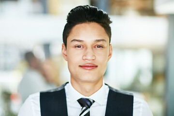 Business, portrait and asian man waiter at restaurant for hospitality, welcome or customer service....
