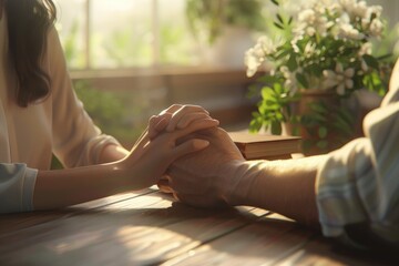 A man and a woman holding hands at a table. Suitable for relationship or romantic concepts
