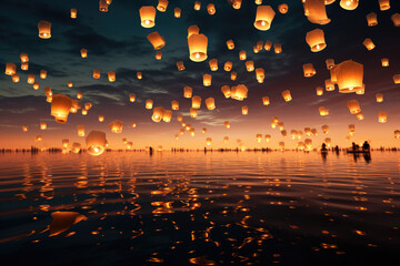 Enchanting Sunset Sky Illuminated by Floating Lanterns