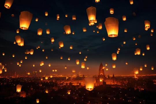 Enchanting Sky Lanterns Over Cityscape at Dusk