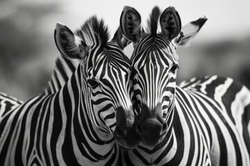 Two plains zebras, Close-up shot of two zebras standing in a grassy field at  sunny day,  Ai...