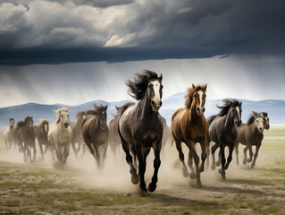 Thundering Herd: Wild Horses Charging Across Plains