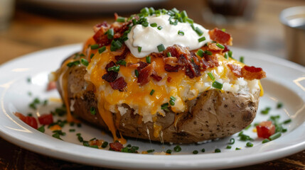 Tasty baked potato loaded with melted cheese, crispy bacon bits, sour cream, and chives served on a white ceramic plate