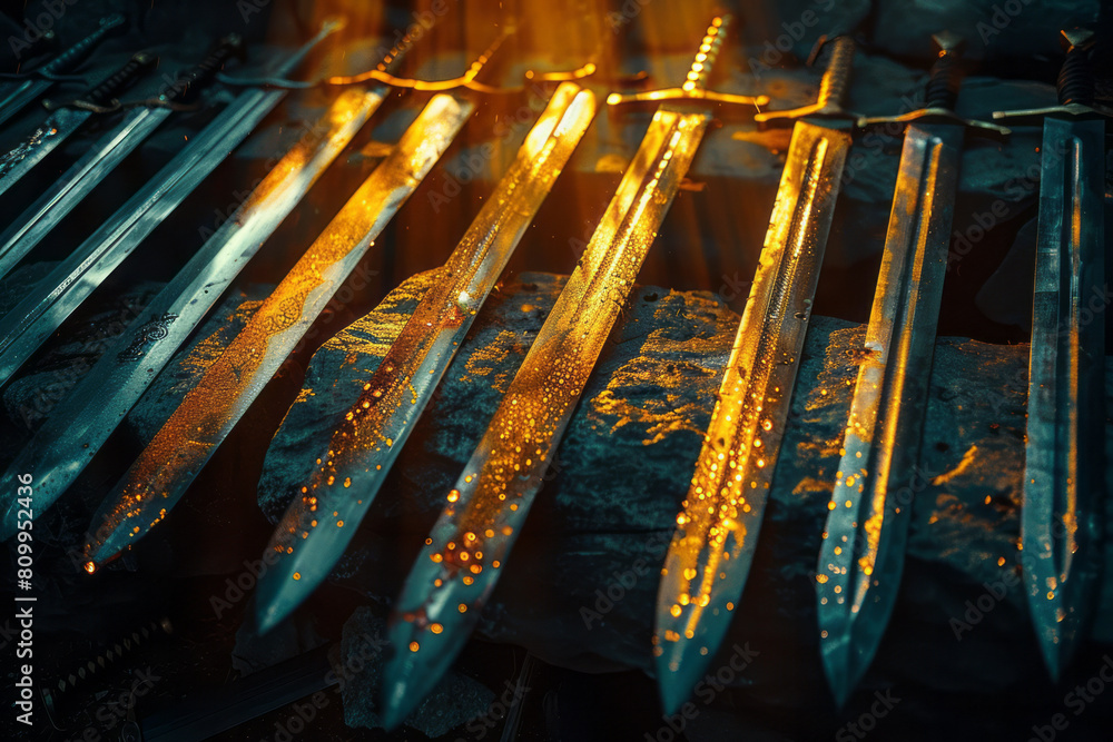 Poster an array of swords depicted as rays of sunlight at dawn, each blade casting a golden glow,
