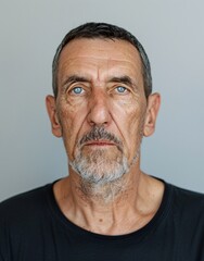 Obraz premium ID Photo for Passport : European elderly person man with straight short black hair and blue eyes, short beard, without glasses and wearing a black t-shirt