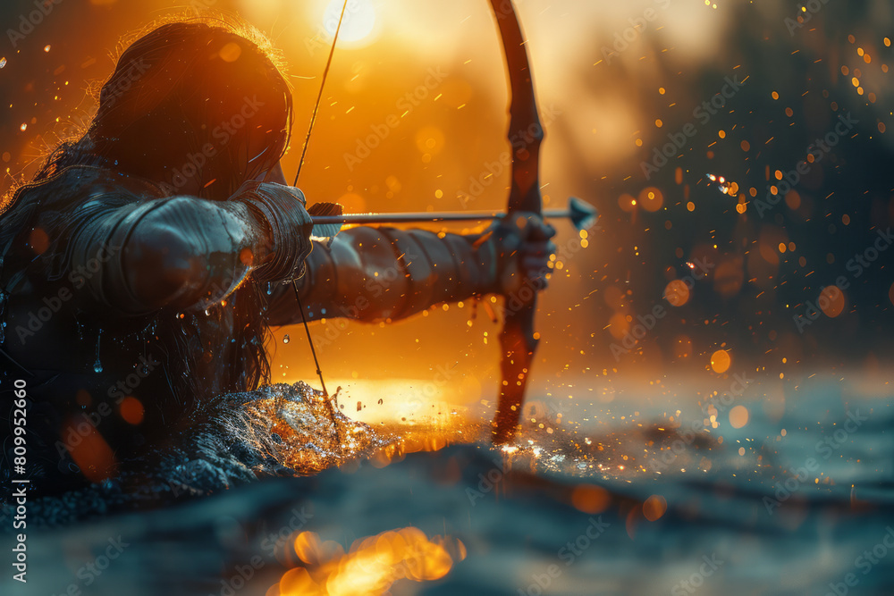 Poster a recurve bow transforming into a wave of energy, with the string pulling back into a tense curve th