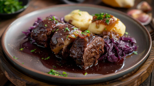 Classic german beef rouladen with bacon and onion, accompanied by red cabbage and rich mashed potatoes on a rustic wooden table