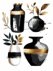 Three black vases with intricate gold accents are displayed elegantly on a clean white background, showcasing a striking contrast of colors and design