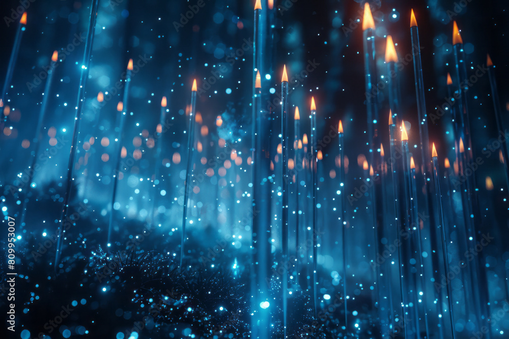 Poster a dynamic array of spears depicted as laser beams in a futuristic battlefield, each line indicating 