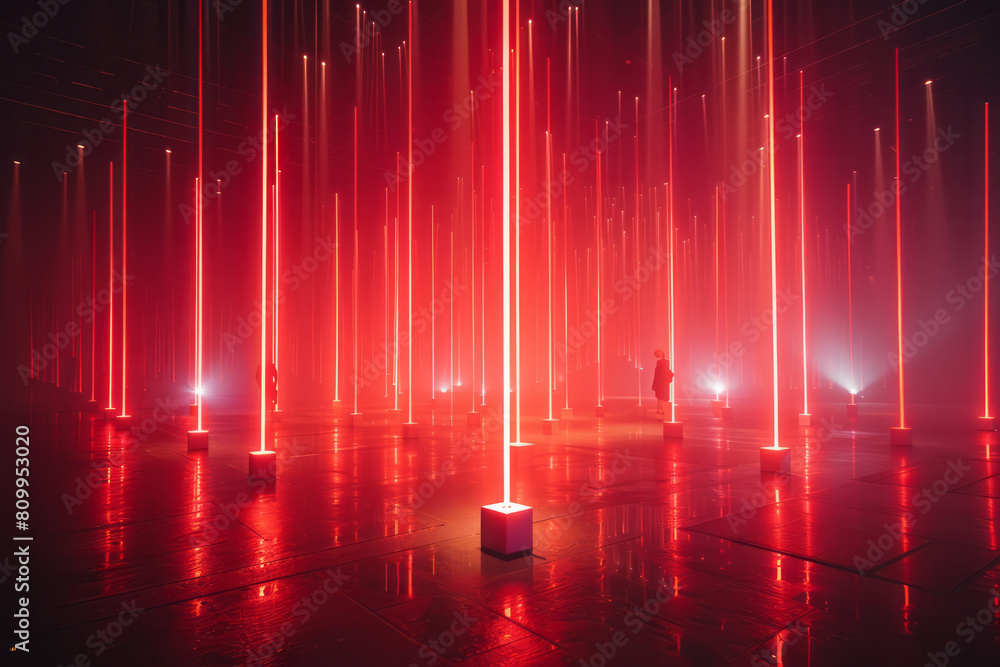 Poster a dynamic array of spears depicted as laser beams in a futuristic battlefield, each line indicating 