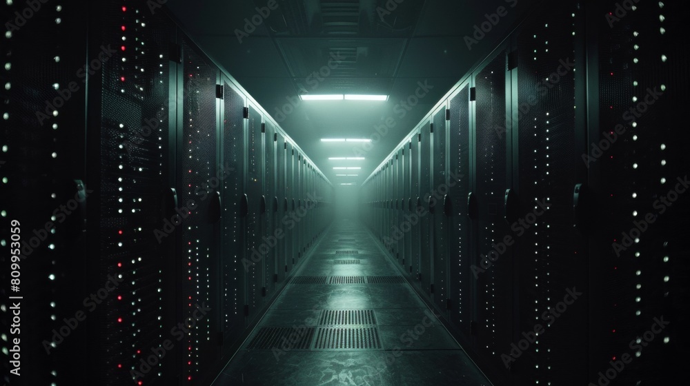 Poster a dimly lit data center, endless rows of server racks stretching into the darkness, illuminated by s