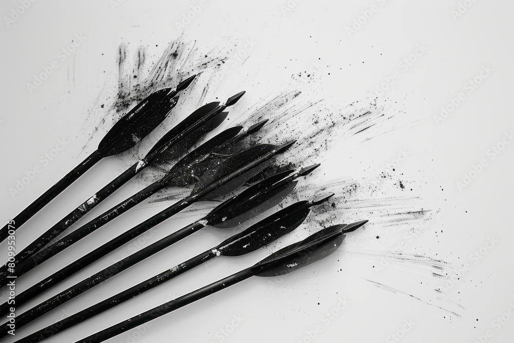 Poster a minimalist design of spears as bold, black lines on a white background, each one pointing and exte