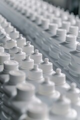 Obraz premium White cups and saucers moving on a conveyor belt, suitable for industrial and manufacturing concepts