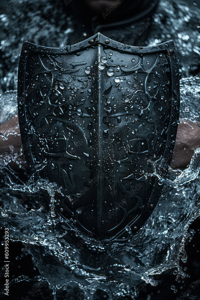 Poster a shield visualized as a water shield, with flowing water continuously moving and adapting to block 