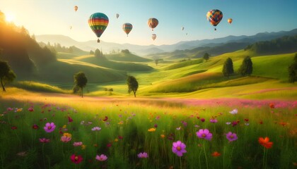 Fototapeta premium Sunrise illuminates a scenic landscape with hot air balloons drifting above vibrant flower fields.
