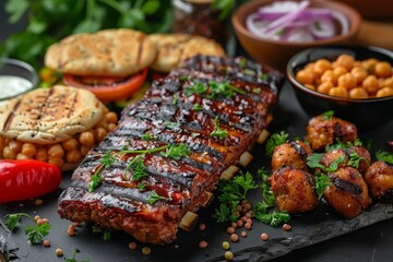 Succulent BBQ ribs and grilled chicken skewers accompanied by chickpeas and fresh greens - Concept of savory dishes and outdoor dining
