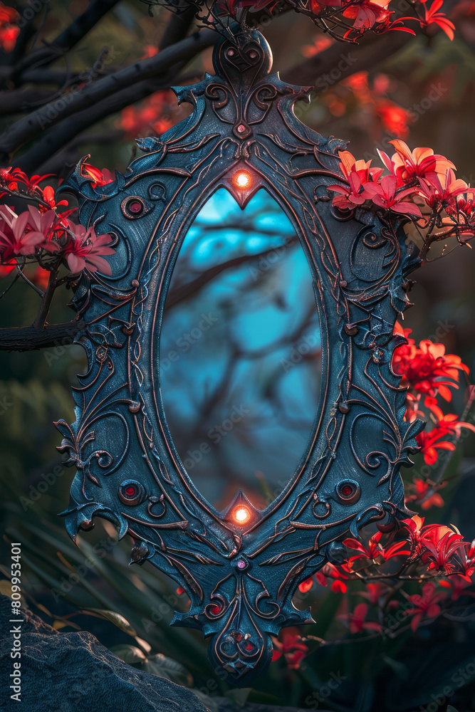 Poster an illustration of a shield as a mirror reflecting negative energies and attacks back to their sourc