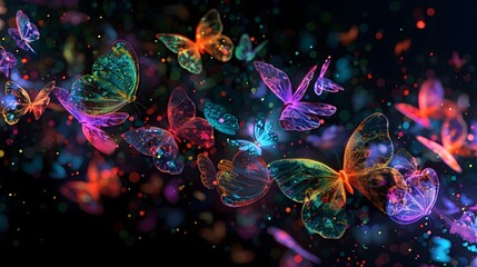 Captivating Swarm of Neon Butterflies in Graceful Digital Flight Against Inky Backdrop - obrazy, fototapety, plakaty