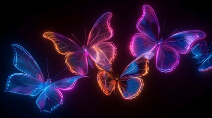 Five Neon Butterflies Fluttering Gracefully Against a Velvety Black Backdrop Vibrant Digital Art - obrazy, fototapety, plakaty
