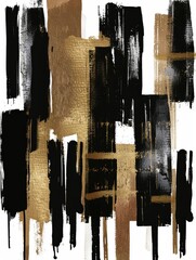 A painting featuring bold strokes of black and gold paint, creating a striking and modern abstract composition
