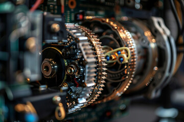 Macro shot of interconnected gears and circuits inside an autonomous robot's chassis 