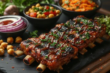 Deluxe barbecue spread with marinated skewers, chickpeas, and a succulent burger on a black slate -...