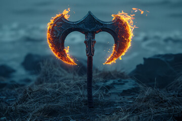 A double-headed axe visualized as twin flames, each blade glowing with an intense fire, representing unstoppable force,