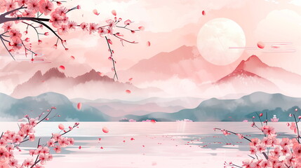 Japanese style background illustration in pink colour
