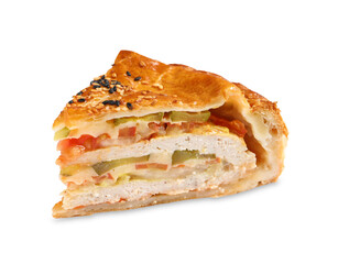 Piece of tasty homemade pie with filling isolated on white