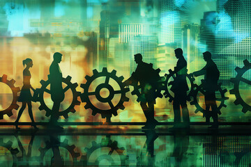 Illustration of a group of business people with a gear combination against a vibrant grainy texture. Ideal for teamwork and collaboration content.