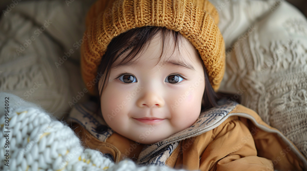 Wall mural cute smiling adorable asian baby boy. beauty, studio, portrait, little.