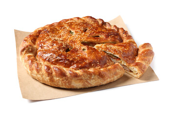 Cut delicious homemade pie isolated on white