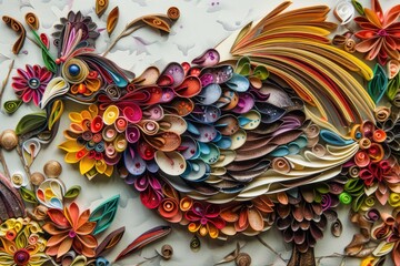 A detailed view of a bird sculpture made from paper flowers. Ideal for crafts and nature themes