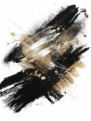 Black and gold paint splatters all over a white surface, creating a striking abstract composition