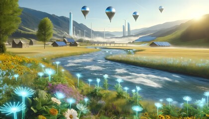 Fototapeta premium Futuristic hot air balloons hover over a serene farmland, illuminating the river with bioluminescent flowers.