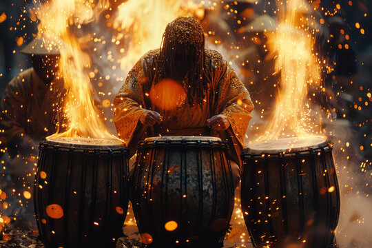 Battle drums reimagined as a chain reaction of fiery sparks, igniting the spirit of warriors,
