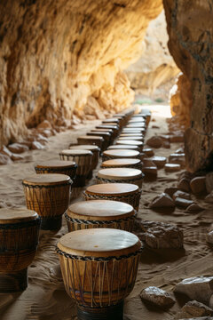 Battle drums depicted as echoing caves, each sound wave a reverberation of strategic plans and secrets,