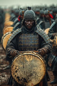 Battle drums portrayed as the epicenter of an earthquake, with each beat sending tremors through the ranks of soldiers,