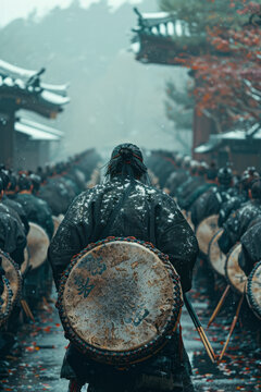 Battle drums portrayed as the epicenter of an earthquake, with each beat sending tremors through the ranks of soldiers,