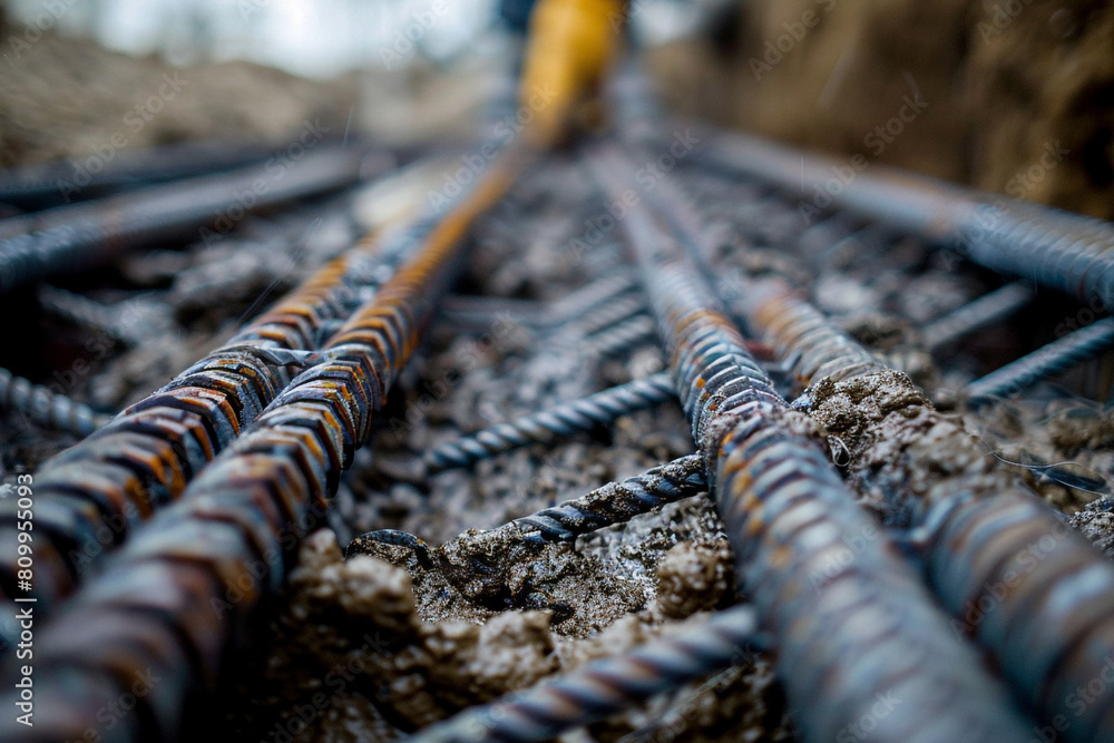 Poster macro shot of steel rebar being laid in a foundation, showcasing the strength and structure in const