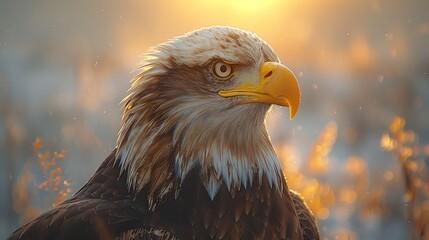 A magnificent bald eagle, perched stoically against a clear sky backdrop, its piercing gaze 