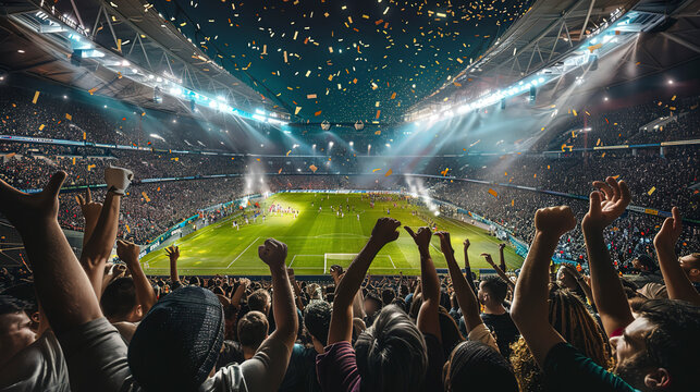 Soccer fans cheering in the stadium with hands raised
