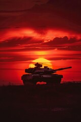 A photorealistic image of an Military tank M1 Abrams silhouetted against a fiery desert sunset