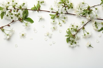 Spring tree branches with beautiful blossoms and petals on white background, flat lay. Space for...